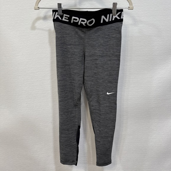 Nike Pro Dri-Fit Leggings Womens Size Small Gray Black Mesh Panel Crop Mid-Rise - Picture 1 of 15